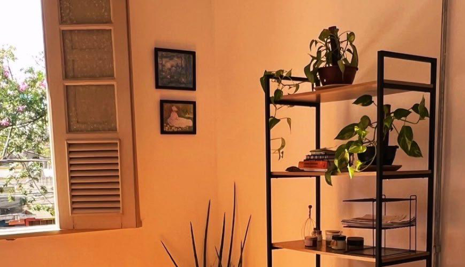 Sala de atendimento no estúdio Pilets, com maca preparada, prateleira de plantas e luz natural quente entrando pela janela